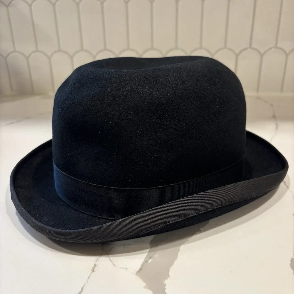 Vintage Adam Hats Black Fur Felt Derby Bowler Premier Aqua Shed‎ Hat Men's M USA